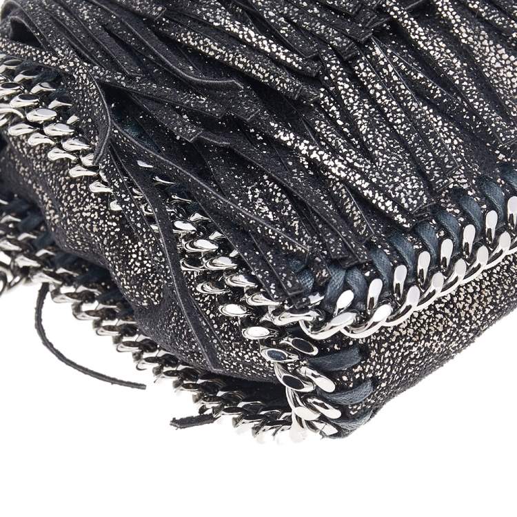 Pre Owned Stella McCartney Metallic Black Faux Leather Fringe Fallabella Crossbody Bag