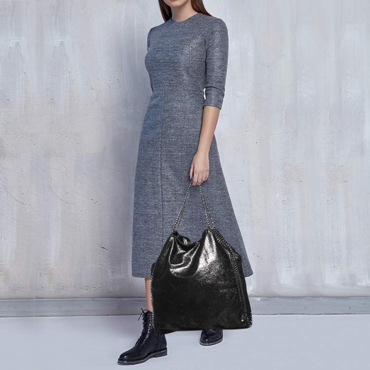 Pre Owned Stella McCartney Black Shimmering Faux Suede Large Falabella Tote