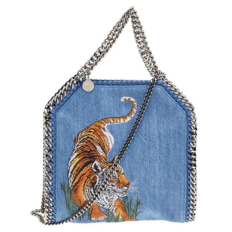 Pre Owned Stella McCartney Blue Denim Tiger Embroidered Mini Falabella Tote