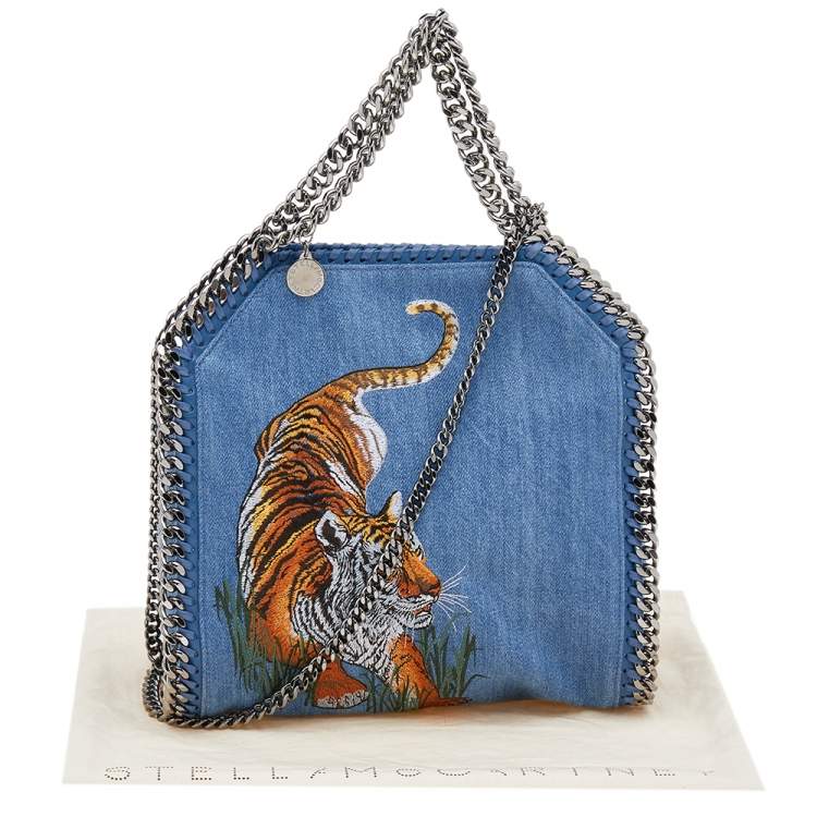 Pre Owned Stella McCartney Blue Denim Tiger Embroidered Mini Falabella Tote