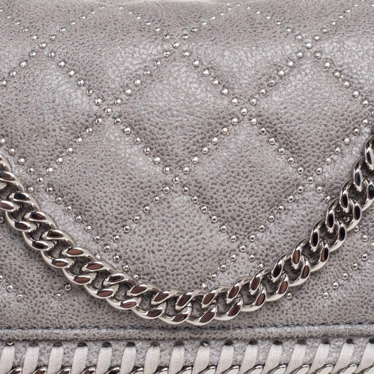 Pre Owned Stella McCartney Grey Quilted Faux Suede Studded Falabella Flap Shoulder Bag