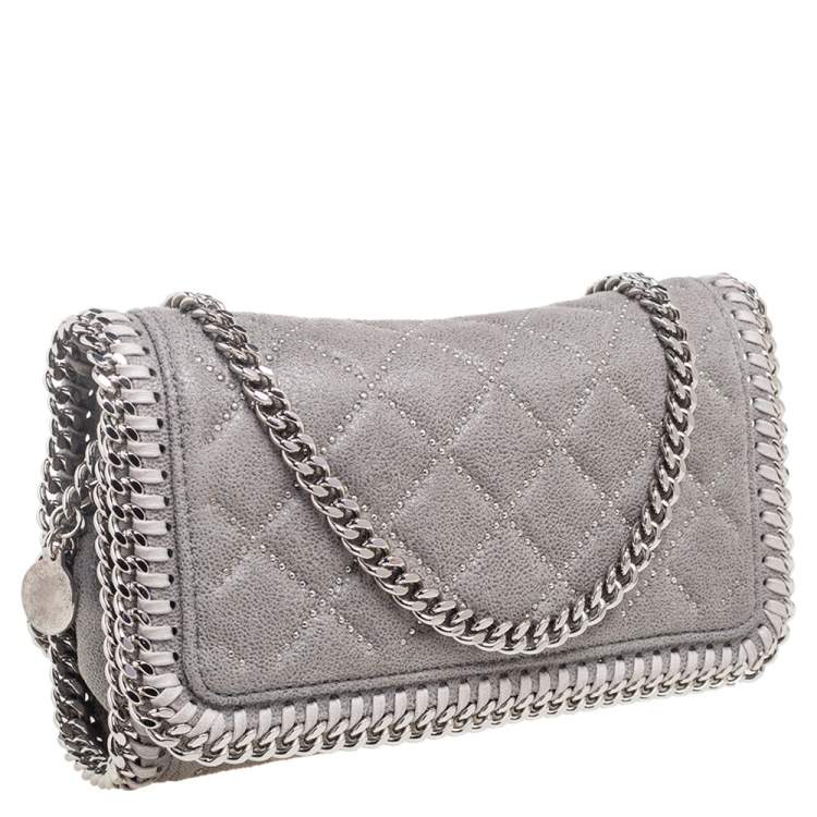 Pre Owned Stella McCartney Grey Quilted Faux Suede Studded Falabella Flap Shoulder Bag