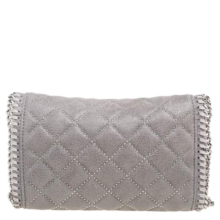 Pre Owned Stella McCartney Grey Quilted Faux Suede Studded Falabella Flap Shoulder Bag