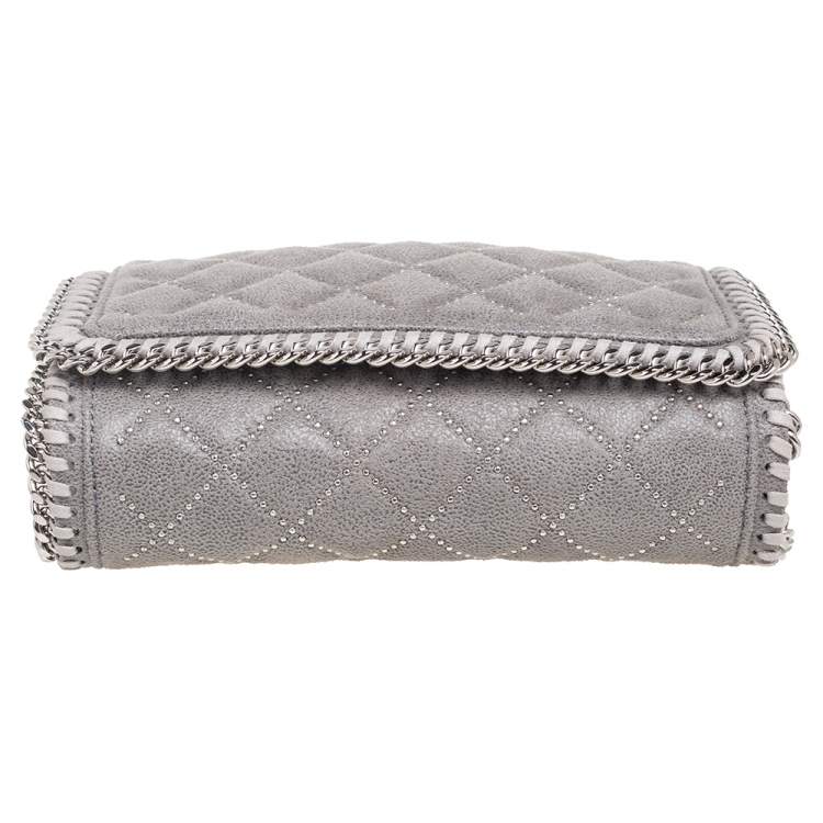 Pre Owned Stella McCartney Grey Quilted Faux Suede Studded Falabella Flap Shoulder Bag