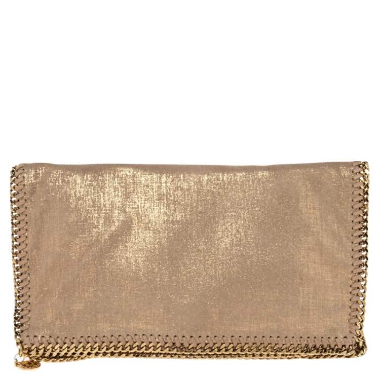 Pre Owned Stella McCartney Gold/Beige Shimmering Fabric Falabella Foldover Clutch
