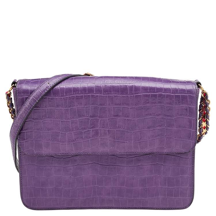 Pre Owned Stella McCartney Purple Faux Crocodile Leather Flap Crossbody Bag