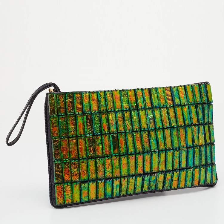 Pre Owned Stella McCartney Black Faux Lizard Embossed Leather Crystal Embellished Wristlet Clutch