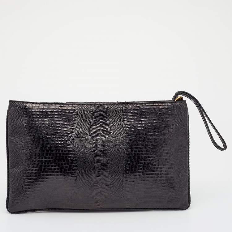 Pre Owned Stella McCartney Black Faux Lizard Embossed Leather Crystal Embellished Wristlet Clutch