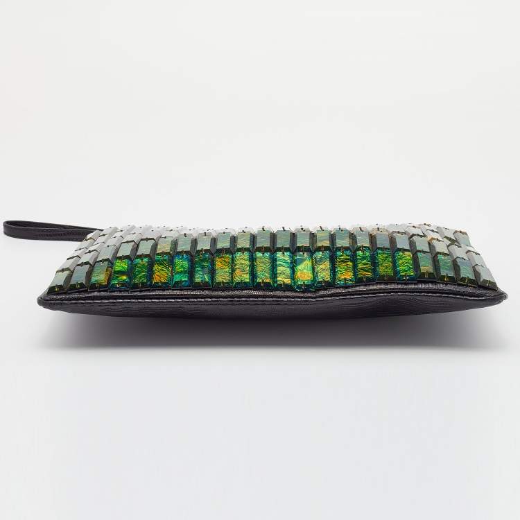 Pre Owned Stella McCartney Black Faux Lizard Embossed Leather Crystal Embellished Wristlet Clutch