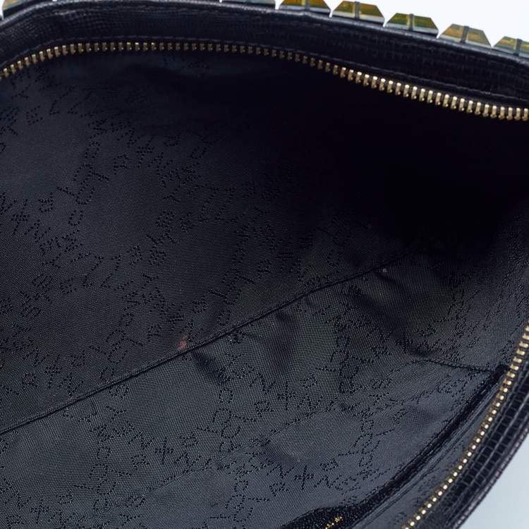 Pre Owned Stella McCartney Black Faux Lizard Embossed Leather Crystal Embellished Wristlet Clutch