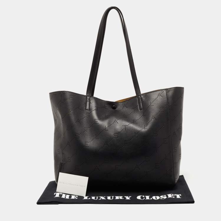Pre Owned Stella McCartney Black Logo Perforated Faux Leather Tote
