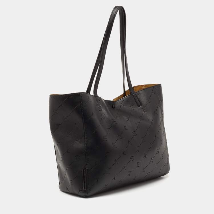 Pre Owned Stella McCartney Black Logo Perforated Faux Leather Tote