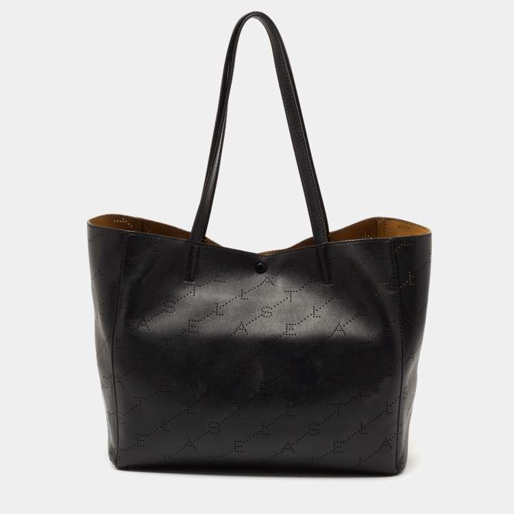 Pre Owned Stella McCartney Black Logo Perforated Faux Leather Tote