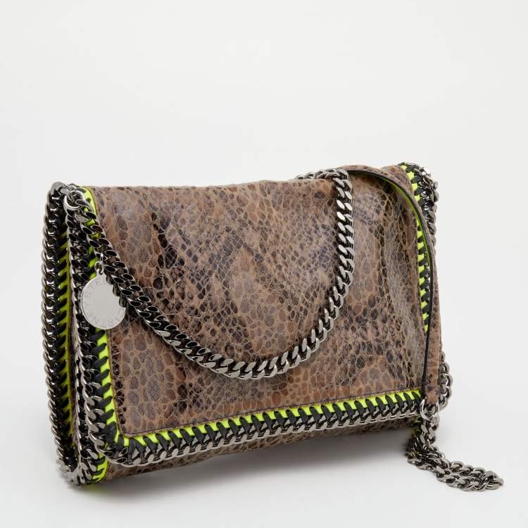 Pre Owned Stella McCartney Brown/Neon Green Faux Snakeskin Leather Falabella Crossbody Bag
