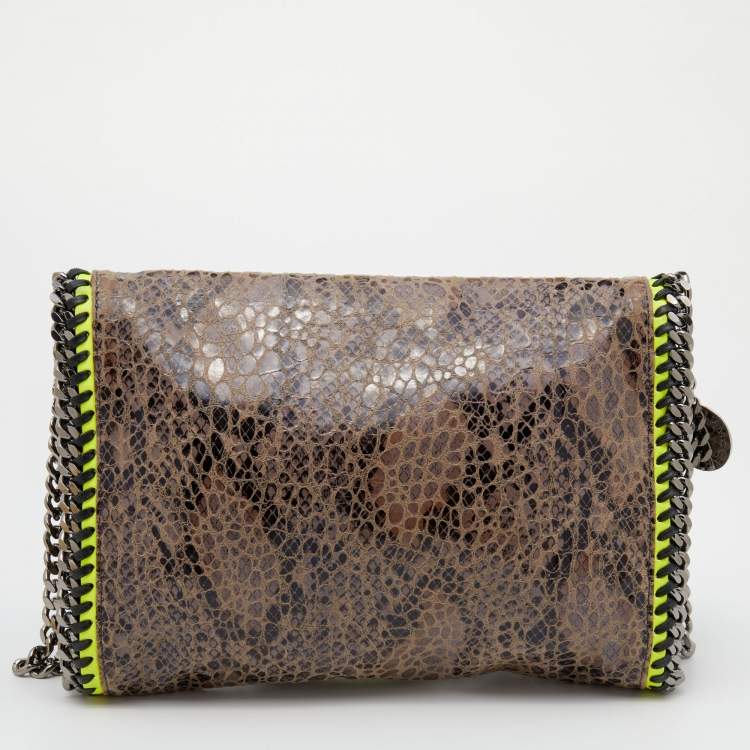 Pre Owned Stella McCartney Brown/Neon Green Faux Snakeskin Leather Falabella Crossbody Bag