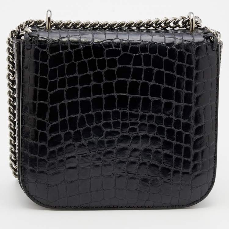 Pre Owned Stella McCartney Black Croc Embossed Faux Leather Medium Falabella Star Box Bag