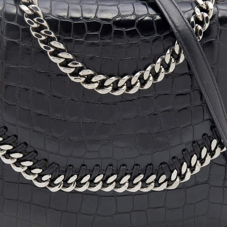 Pre Owned Stella McCartney Black Croc Embossed Faux Leather Medium Falabella Star Box Bag