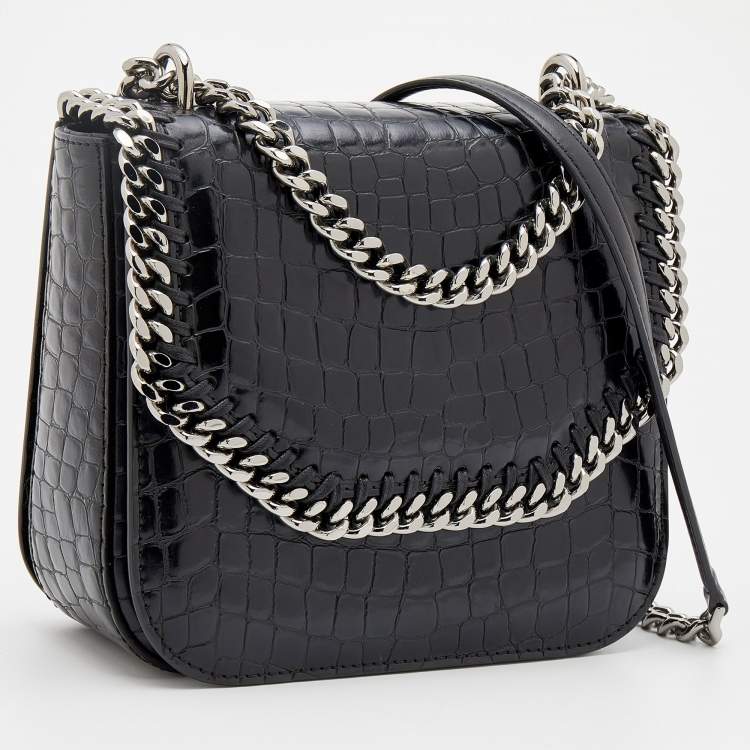 Pre Owned Stella McCartney Black Croc Embossed Faux Leather Medium Falabella Star Box Bag