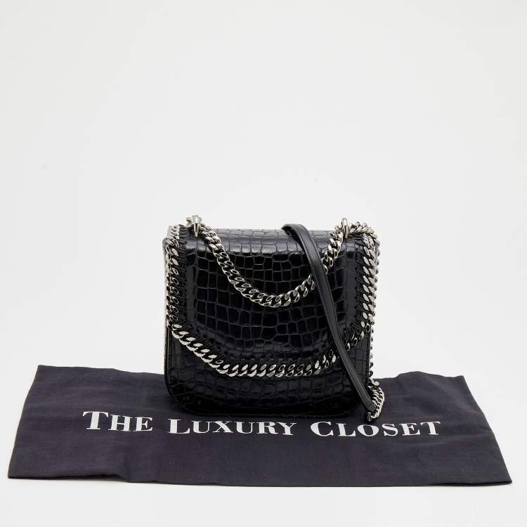 Pre Owned Stella McCartney Black Croc Embossed Faux Leather Medium Falabella Star Box Bag