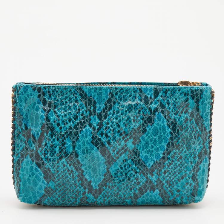 Pre Owned Stella McCartney Blue Faux Python Embossed Leather Side Chain Detail Clutch