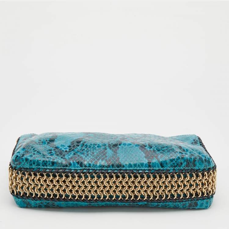 Pre Owned Stella McCartney Blue Faux Python Embossed Leather Side Chain Detail Clutch