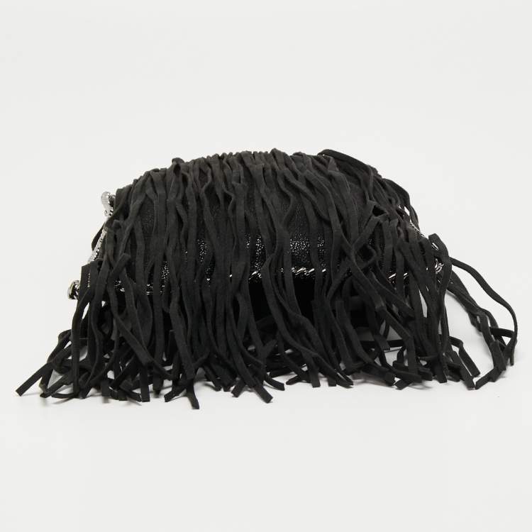 Pre Owned Stella McCartney Black Faux Suede Fringed Falabella Shoulder Bag