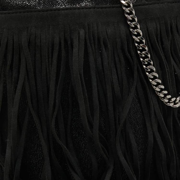 Pre Owned Stella McCartney Black Faux Suede Fringed Falabella Shoulder Bag