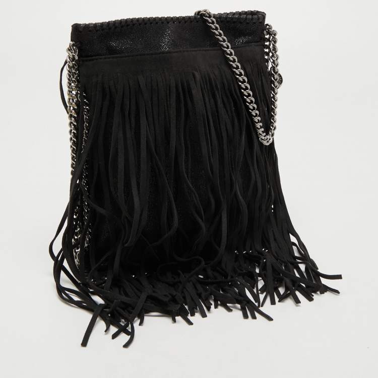 Pre Owned Stella McCartney Black Faux Suede Fringed Falabella Shoulder Bag