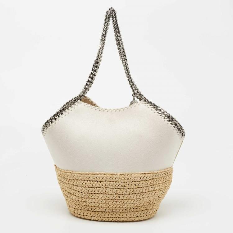 Pre Owned  Stella McCartney White Faux Suede and Raffia Medium Falabella Tote