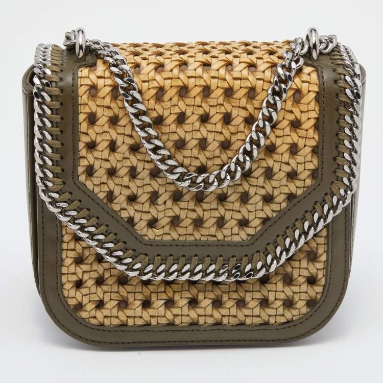 Pre Owned Stella McCartney Olive Green Faux Leather Falabella Box Woven Flap Bag