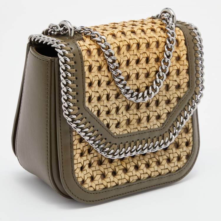 Pre Owned Stella McCartney Olive Green Faux Leather Falabella Box Woven Flap Bag