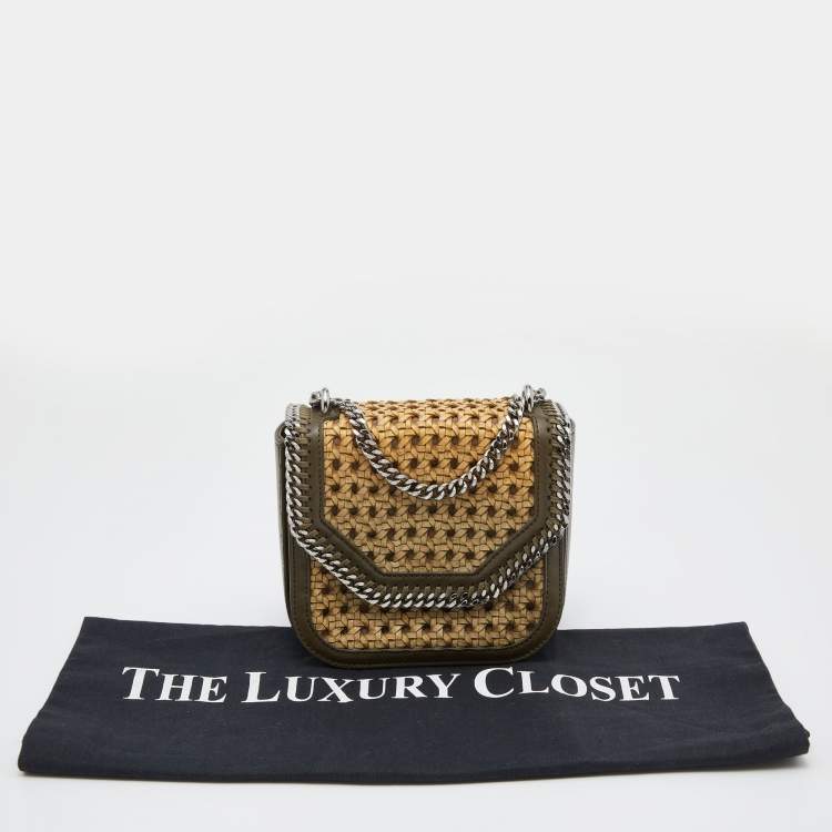 Pre Owned Stella McCartney Olive Green Faux Leather Falabella Box Woven Flap Bag