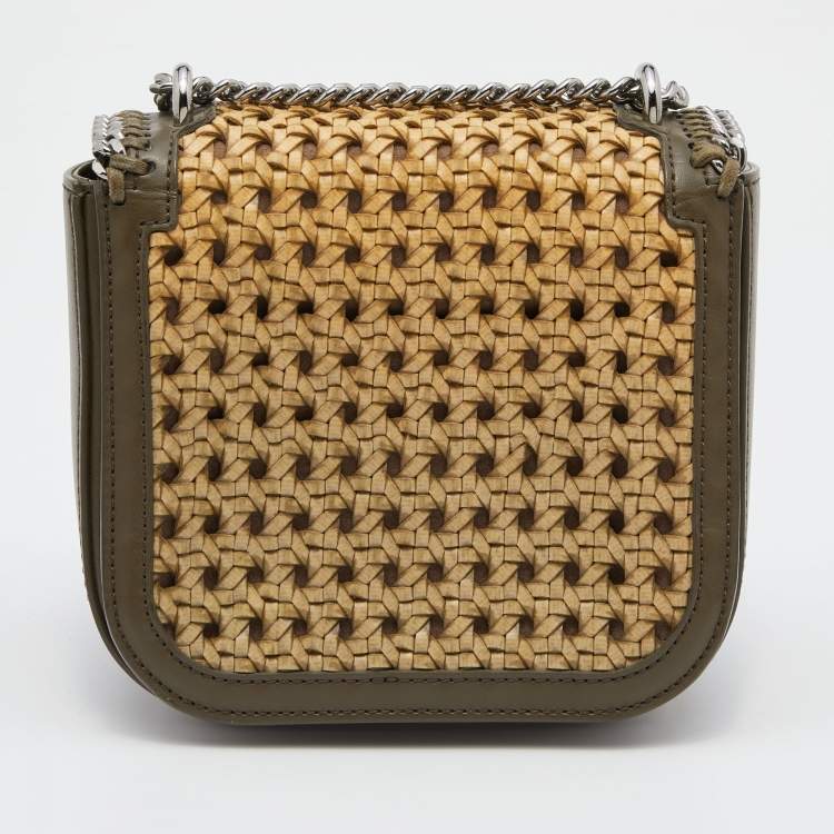 Pre Owned Stella McCartney Olive Green Faux Leather Falabella Box Woven Flap Bag
