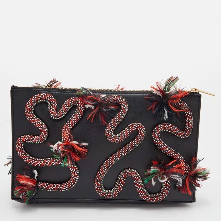 مملوكة مسبقًا Stella McCartney Black Faux Leather Snake Rope Embellished Pouch Clutch