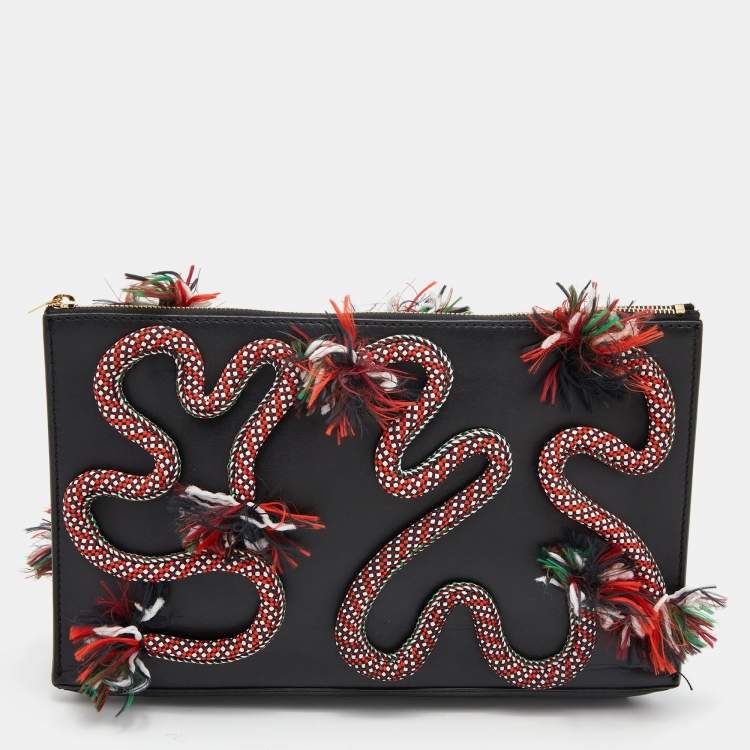 مملوكة مسبقًا Stella McCartney Black Faux Leather Snake Rope Embellished Pouch Clutch