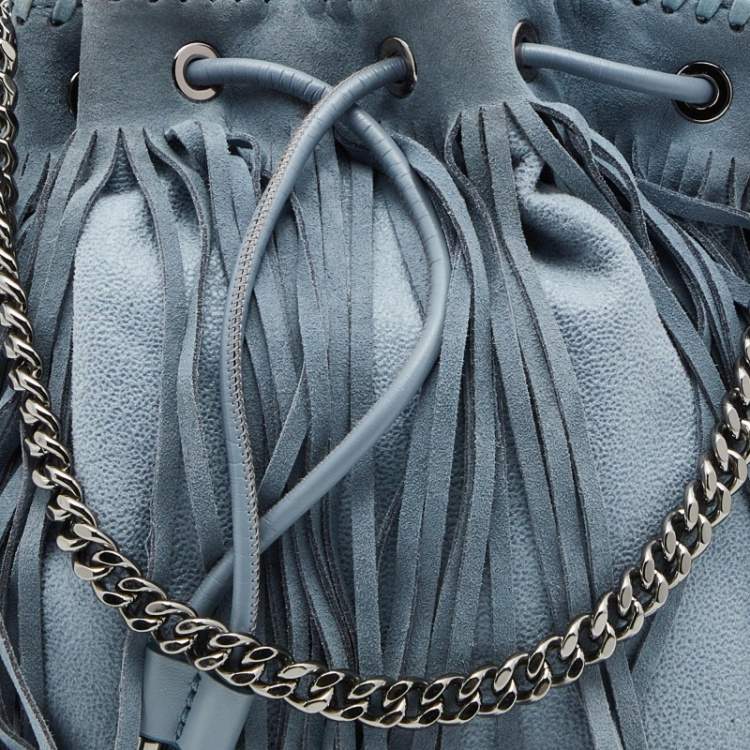 Pre Owned Stella McCartney Blue Faux Leather Falabella Fringe Drawstring Bucket Bag