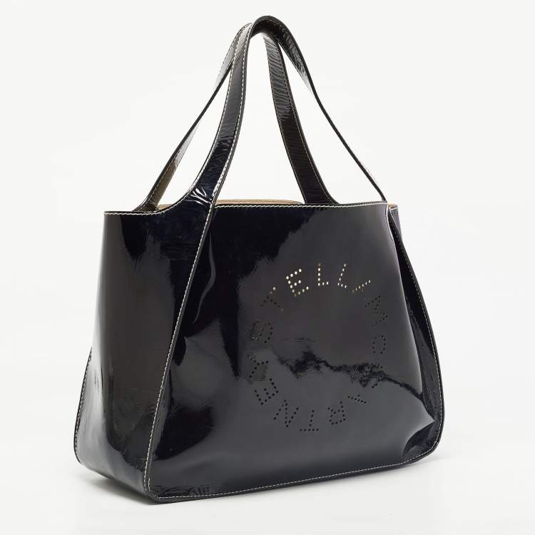 Pre Owned Stella McCartney Black Faux Patent Leather Large Logo Tote