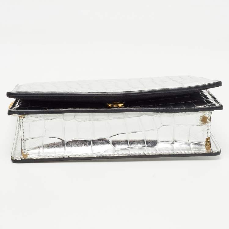 Pre Owned Stella McCartney Silver Embossed Crocodile Faux Leather Grace Chain Clutch