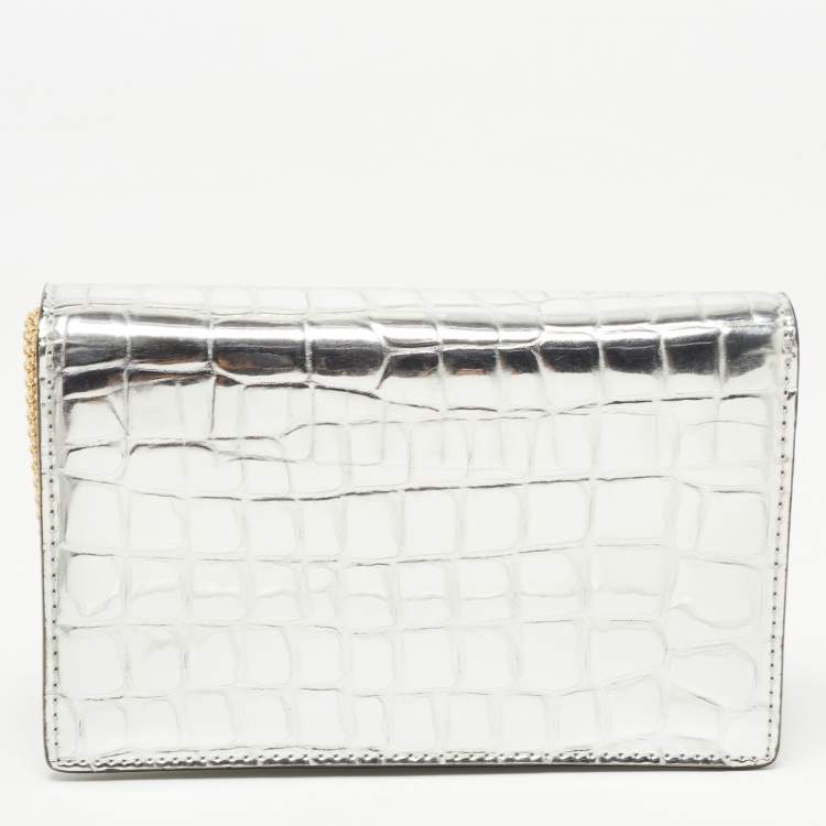 Pre Owned Stella McCartney Silver Embossed Crocodile Faux Leather Grace Chain Clutch