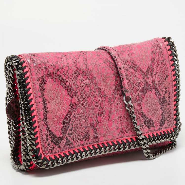 Pre Owned Stella McCartney Neon/Pink Faux Python Embossed Leather Falabella Flap Shoulder Bag