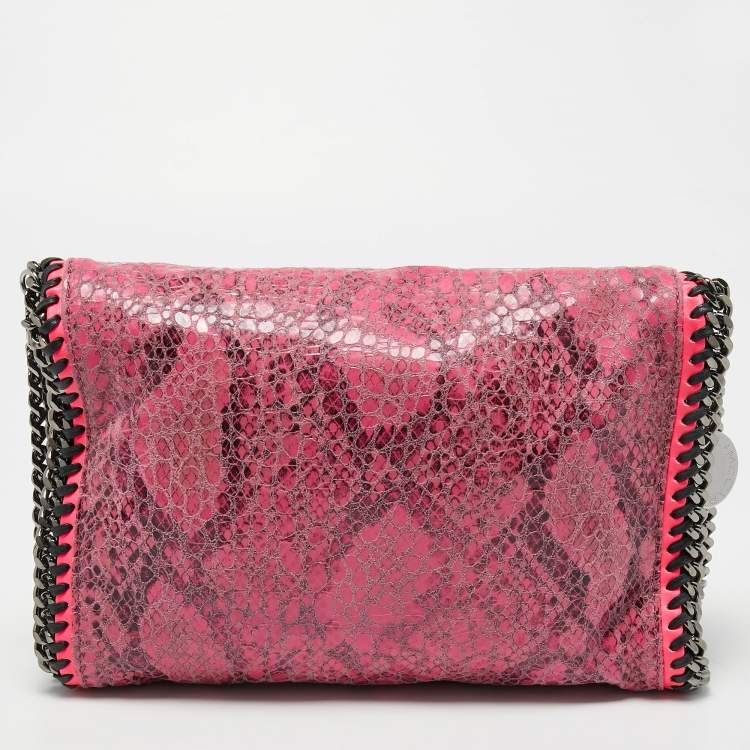 Pre Owned Stella McCartney Neon/Pink Faux Python Embossed Leather Falabella Flap Shoulder Bag