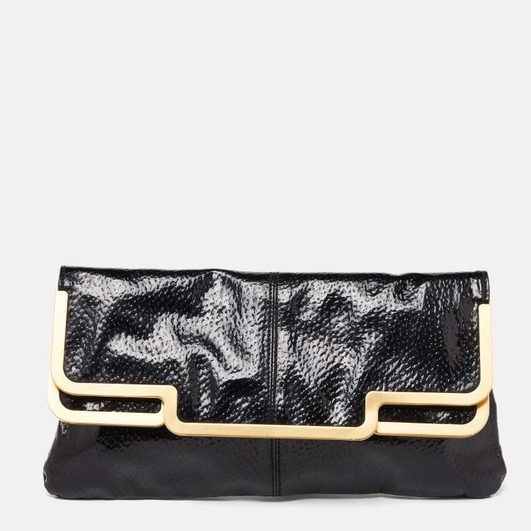 Pre Owned Stella McCartney Black Faux Patent Leather Metal Frame Clutch