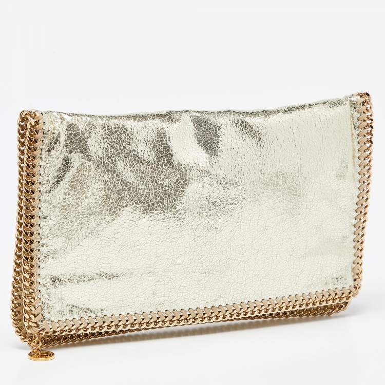 Pre Owned Stella McCartney Gold Crackled Faux Leather Falabella Fold-Over Clutch