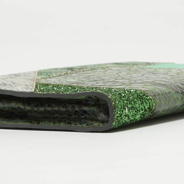 Pre Owned Stella McCartney Green Faux Python Embossed and Glitter Waverly Patchwork Clutch