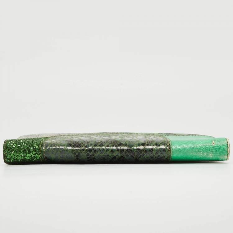 Pre Owned Stella McCartney Green Faux Python Embossed and Glitter Waverly Patchwork Clutch