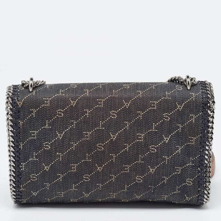 Pre Owned Stella McCartney Navy Blue Monogram Denim and Leather Falabella Flap Shoulder Bag