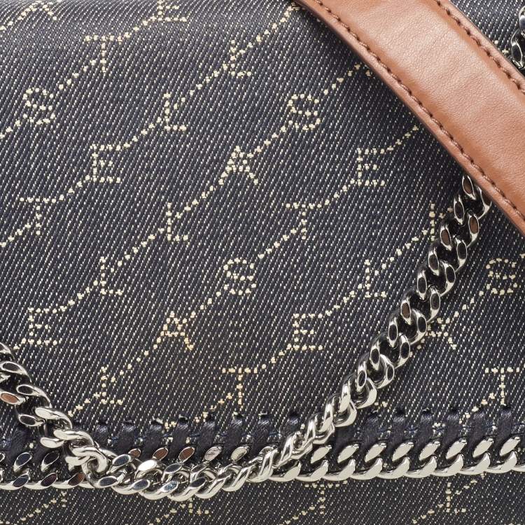 Pre Owned Stella McCartney Navy Blue Monogram Denim and Leather Falabella Flap Shoulder Bag