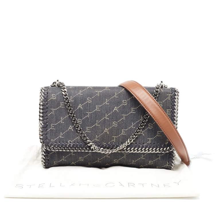 Pre Owned Stella McCartney Navy Blue Monogram Denim and Leather Falabella Flap Shoulder Bag