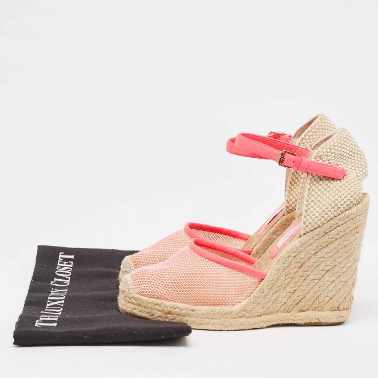 Pre Owned Stella McCartney Pink/Beige Mesh and Woven Canvas Wedge Espadrille Ankle Strap Sandals Size 38