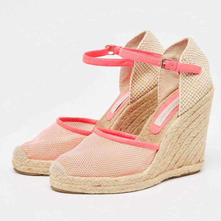 Pre Owned Stella McCartney Pink/Beige Mesh and Woven Canvas Wedge Espadrille Ankle Strap Sandals Size 38
